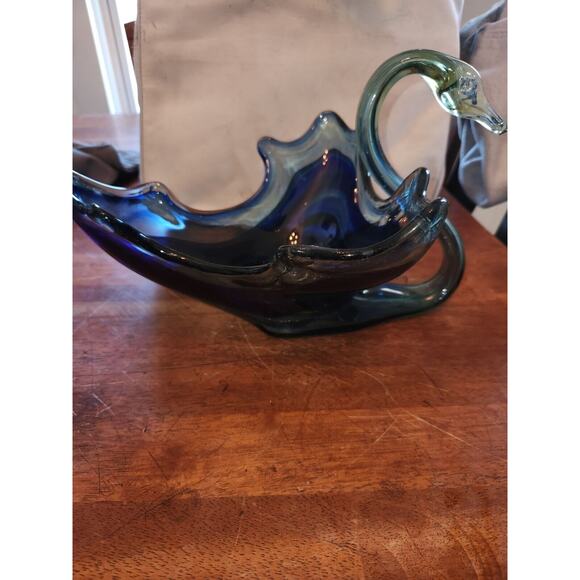 Swan Swirl Bowl/Dish Centerpiece Vintage Blue/Orange Art Glass Large - Picture 7 of 11